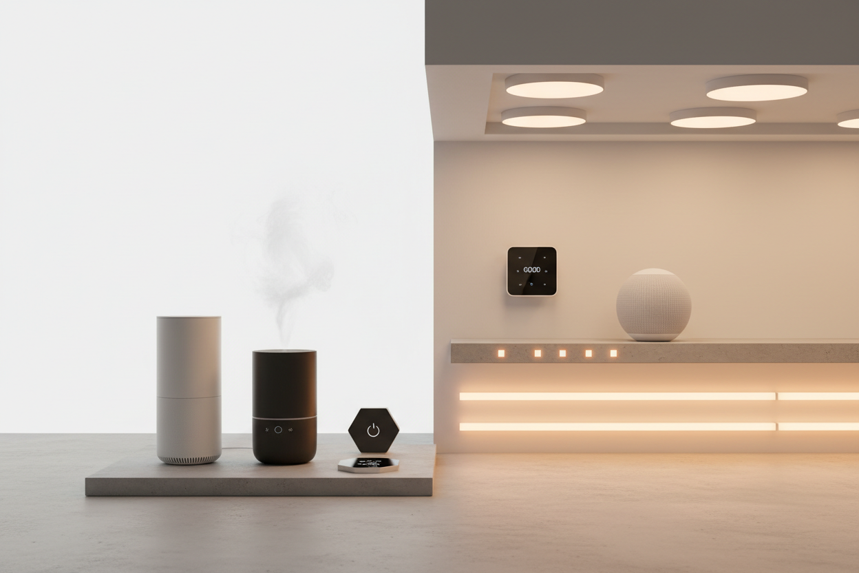 Smart  home and security concept showing a modern living room with AI robot assistant and people relaxing