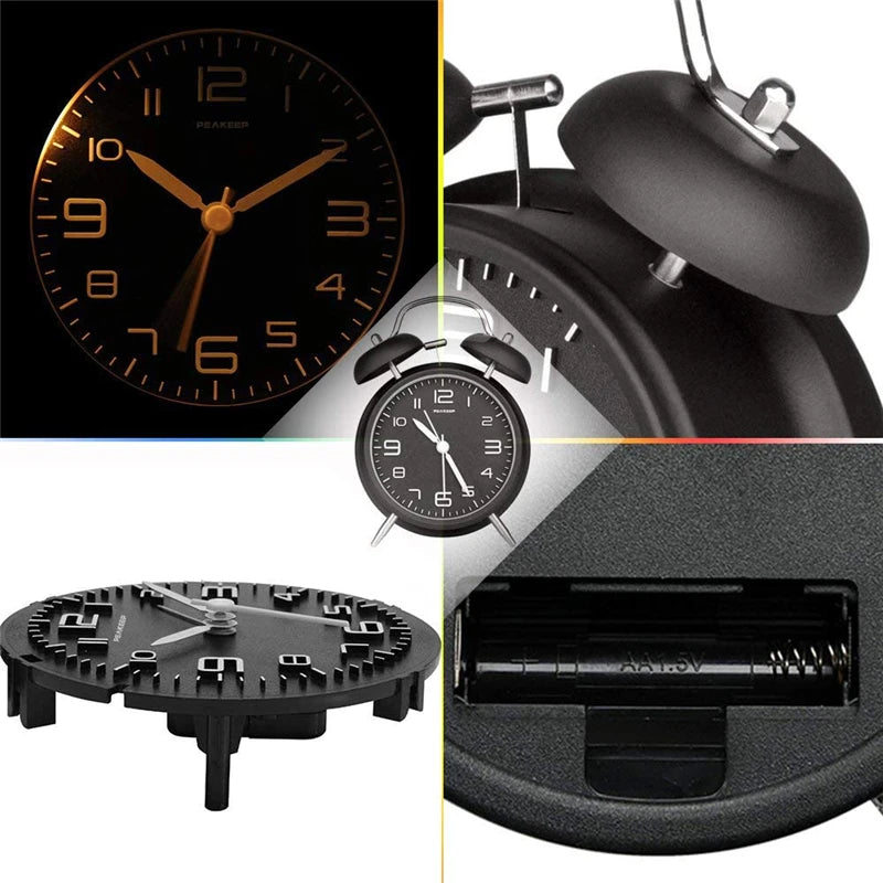 Lumisense black twin bell alarm clock on white background front view
