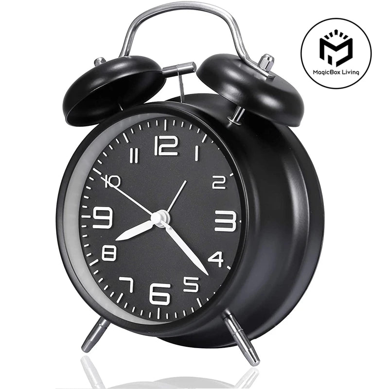 Lumisense twin bell alarm clock with extra loud ringing and matte black metal finish
