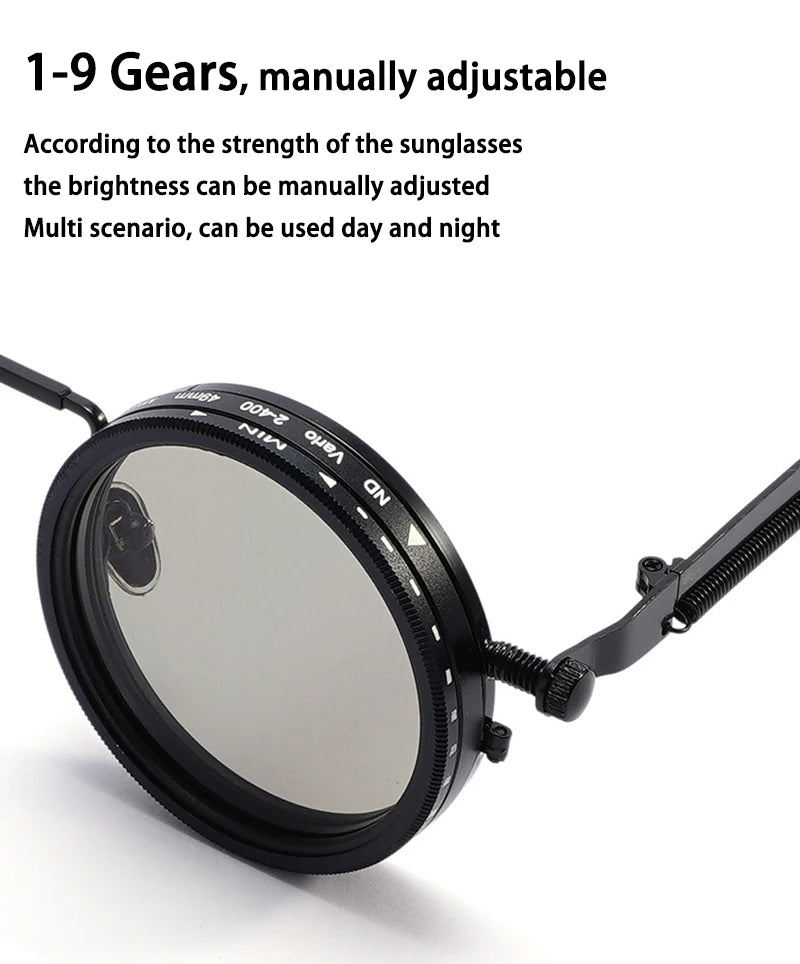 Retro round sunglasses with adjustable dimming shown in multiple color options

