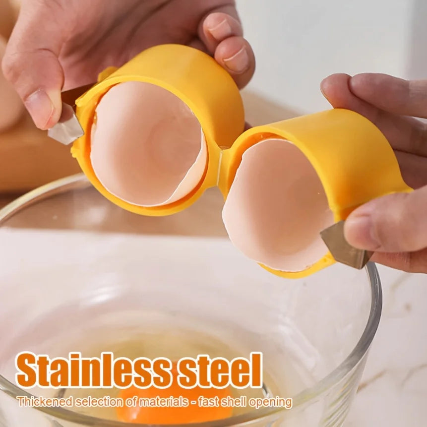 Portable egg opener showing one-hand operation for easy cracking

