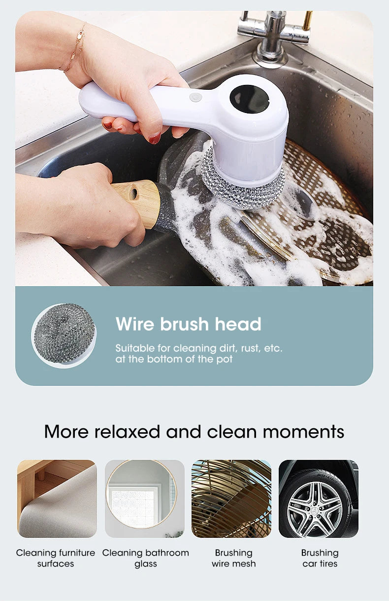Cordless scrubber cleaning kitchen countertop and sink area"