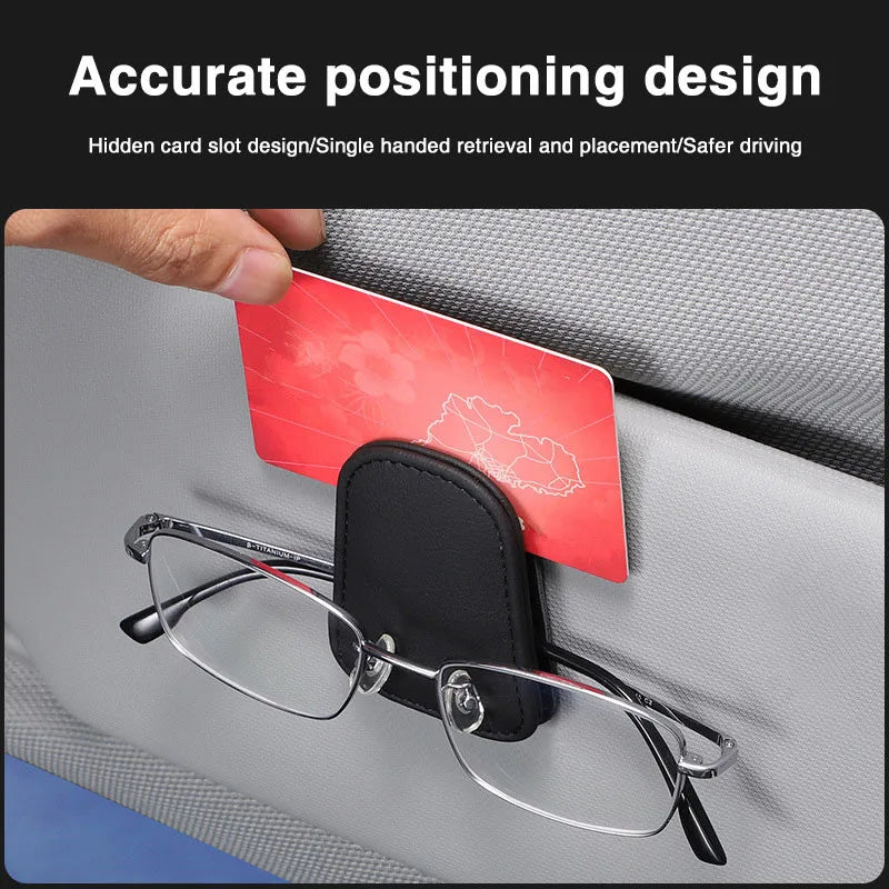Car sun visor clip holding sunglasses securely in place