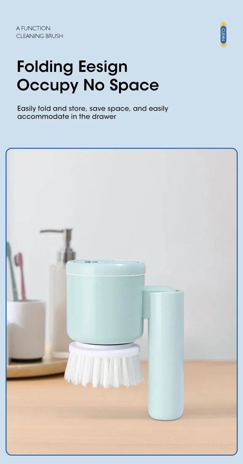 Cleaning brush with holder on a bathroom counter, text about folding design and space-saving.