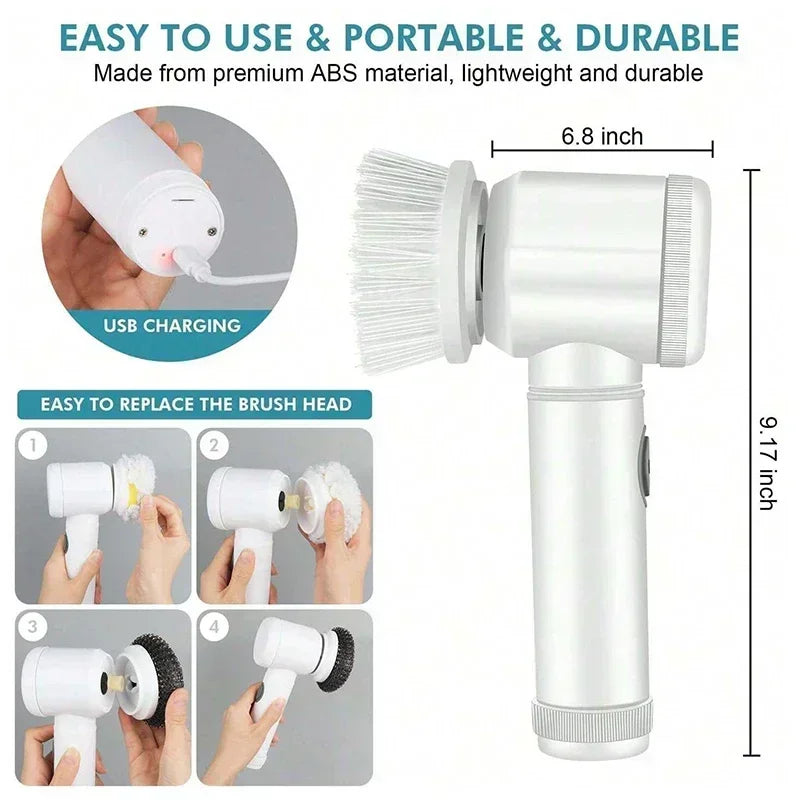 Electric spin scrubber cleaning bathroom tiles with rotating brush head