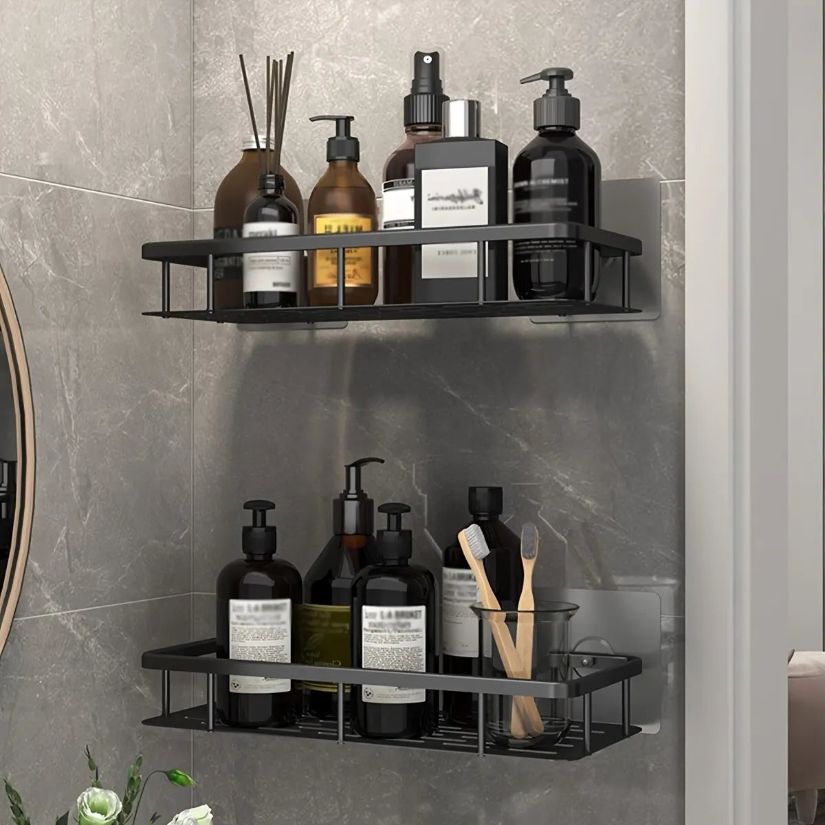 Organized bathroom corner with wall-mounted storage shelf and toiletries