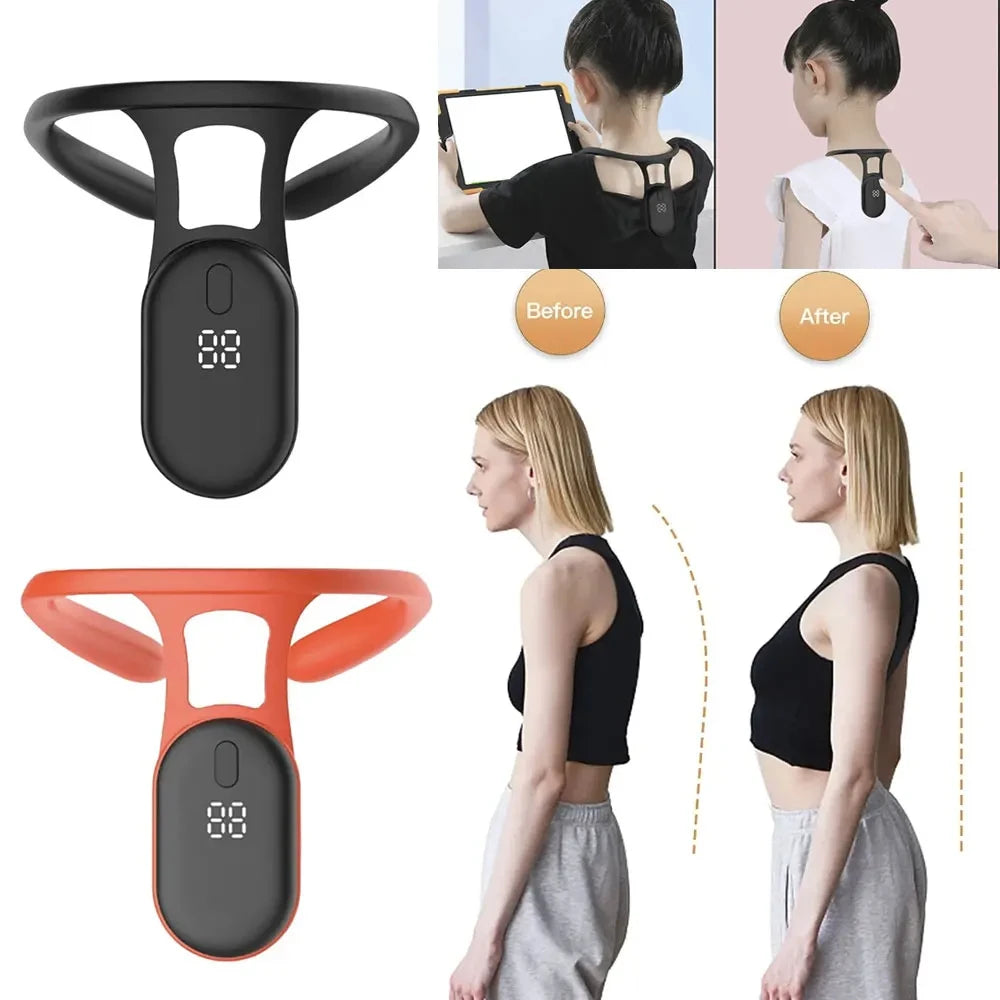 Person wearing smart posture corrector on upper back showing discreet placement
