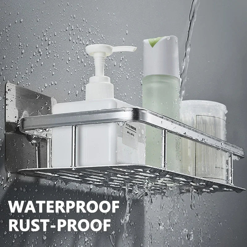 Close-up of aluminum bathroom corner shelf with drainage holes