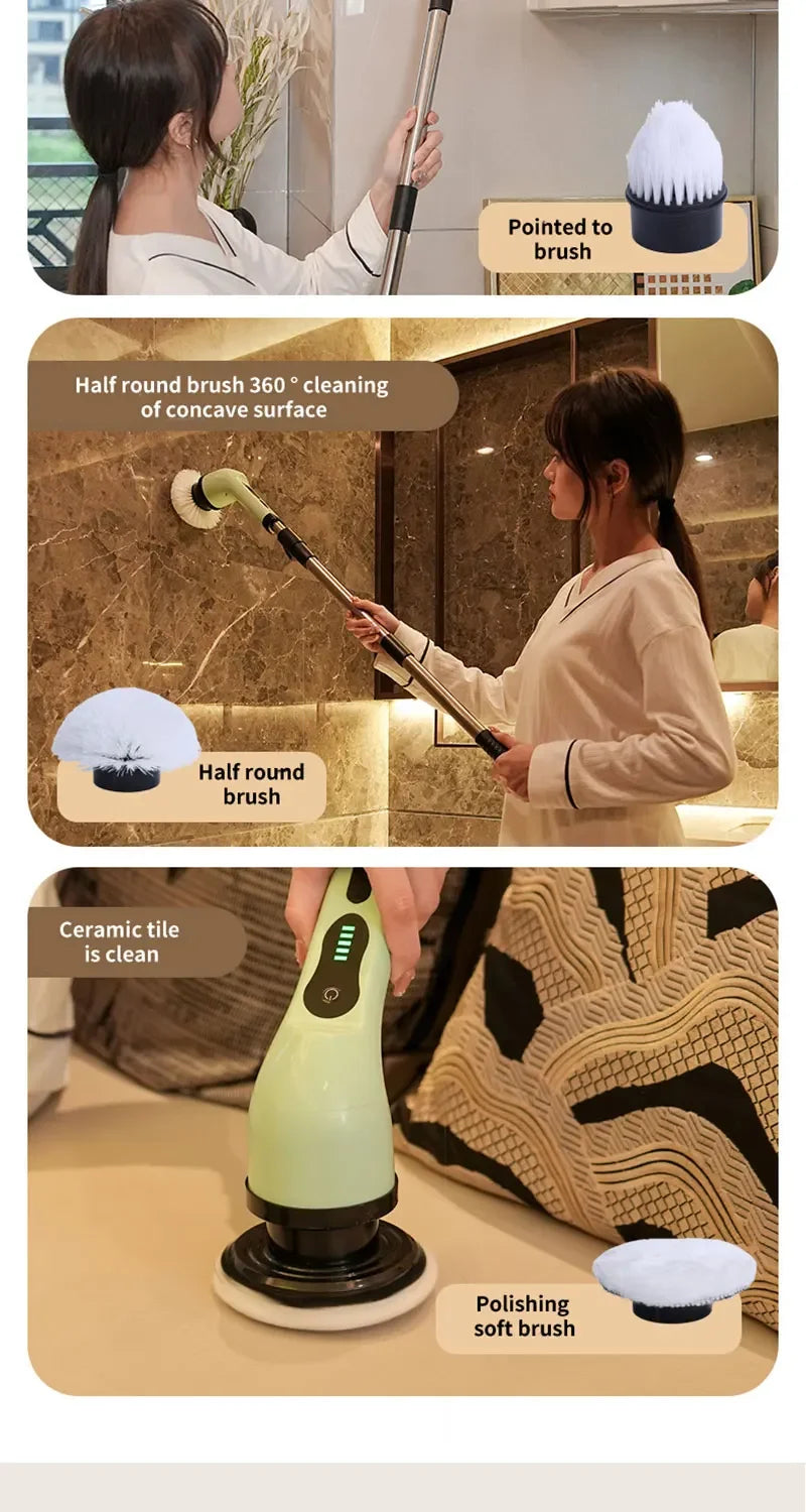 Power cleaning brush showing rechargeable battery and cordless design
