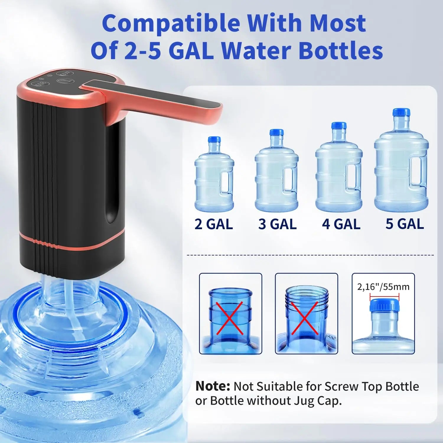 Portable water dispenser pump with foldable spout and USB charging cable"