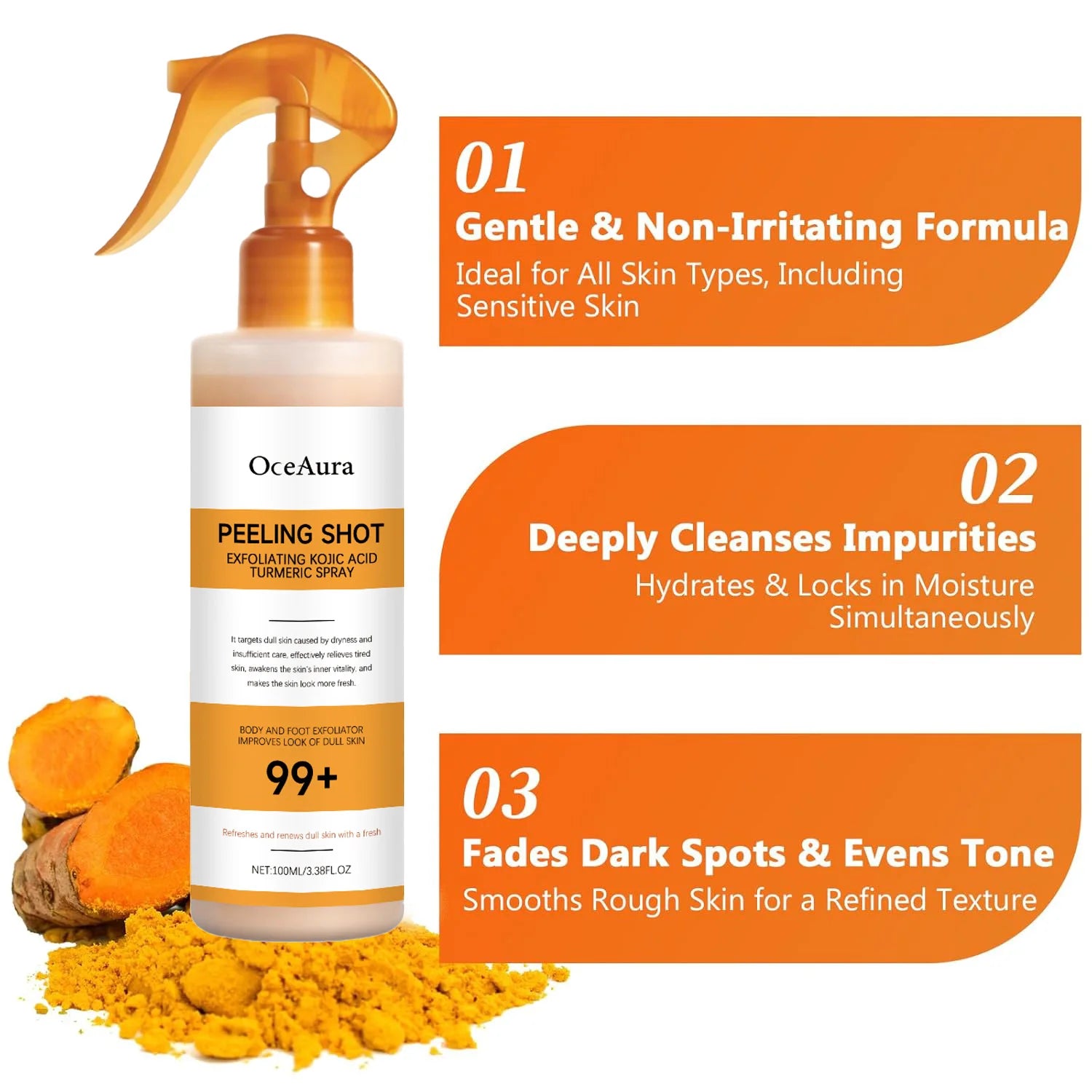 Close-up of kojic acid turmeric spray formula showing natural ingredients for skin exfoliation

