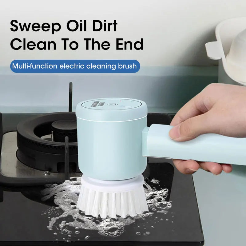 Multi-function electric cleaning brush being used on a stove with text 'Sweep Oil Dirt Clean To The End'.