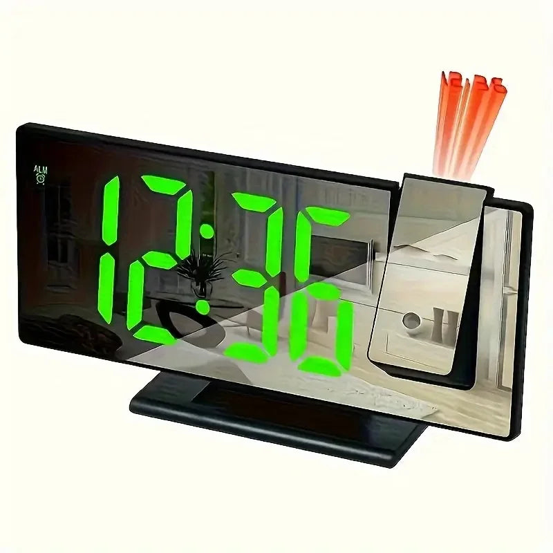 LED digital alarm clock in bedroom setting with ceiling projection
