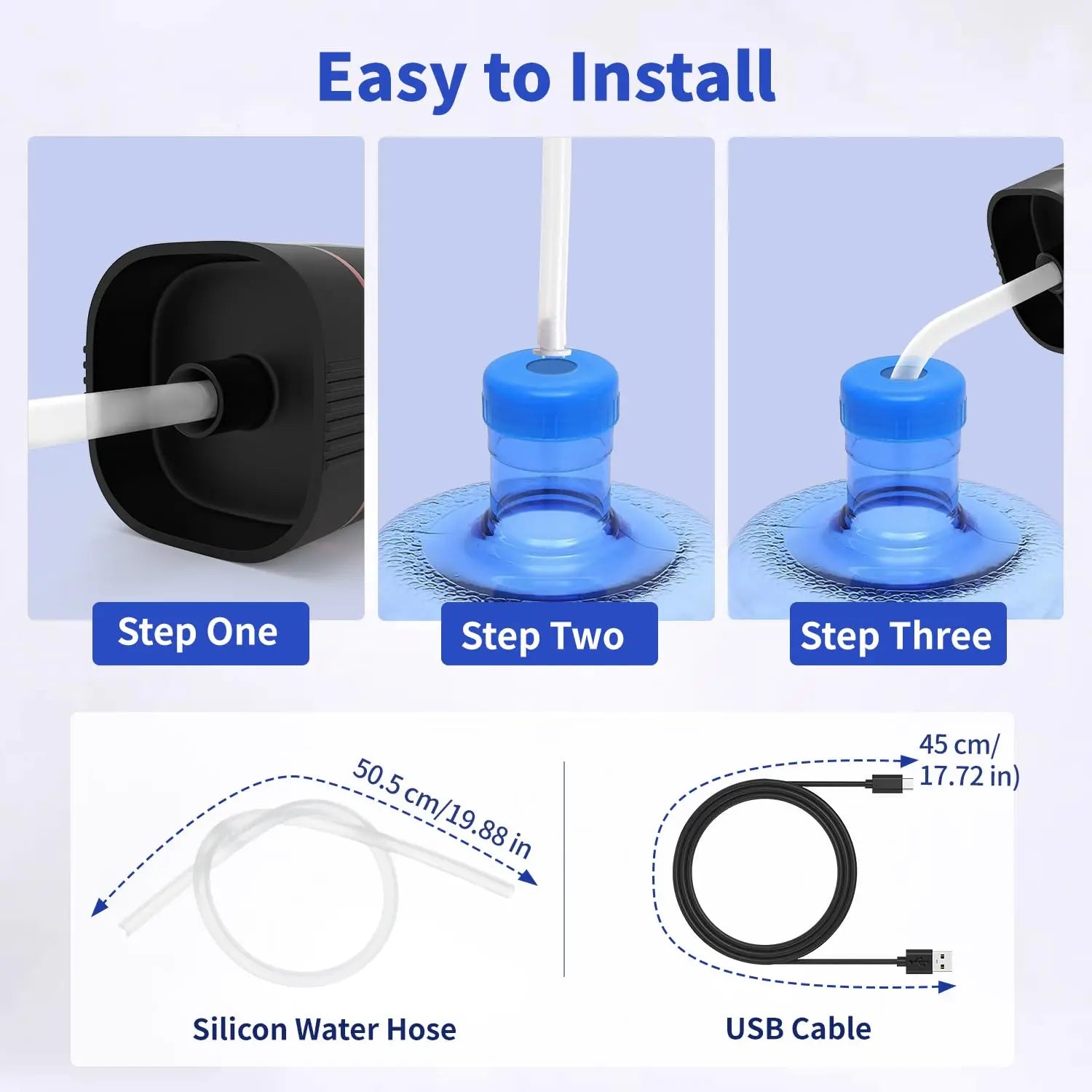 Step-by-step guide on how to install a device with a silicone water hose and USB cable.