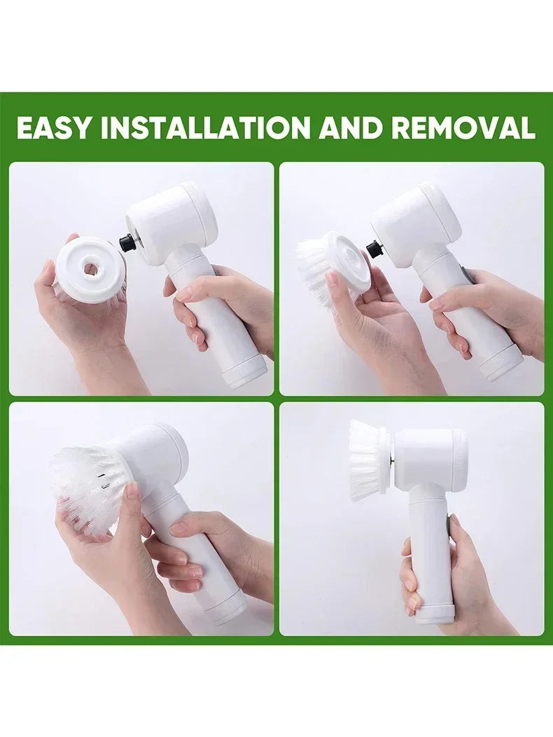Demonstration of easy installation and removal of a white handheld device with a green banner at the top.