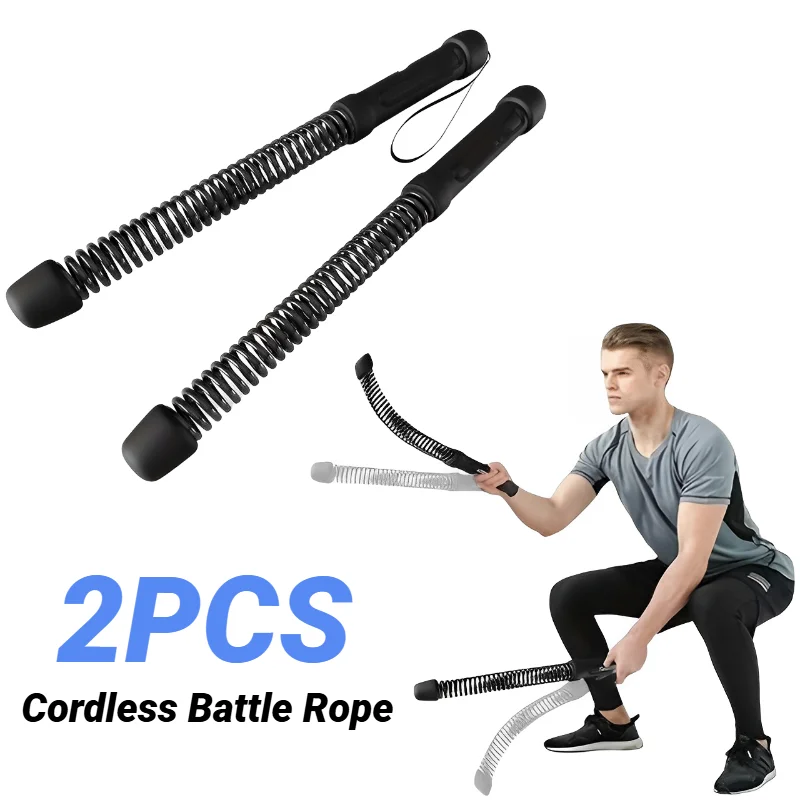 Cordless battle rope training system with black ergonomic handles and spring steel construction
