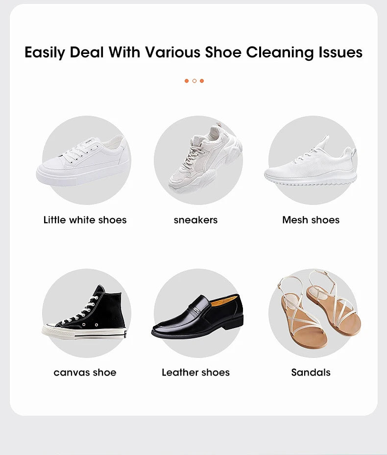 Illustrations of different types of shoes with text indicating their cleaning issues.