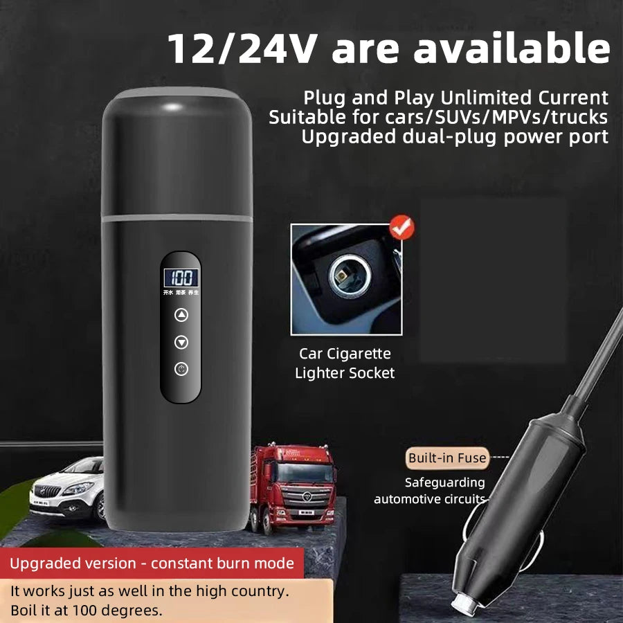 Car kettle plugged into 12V cigarette lighter socket in vehicle