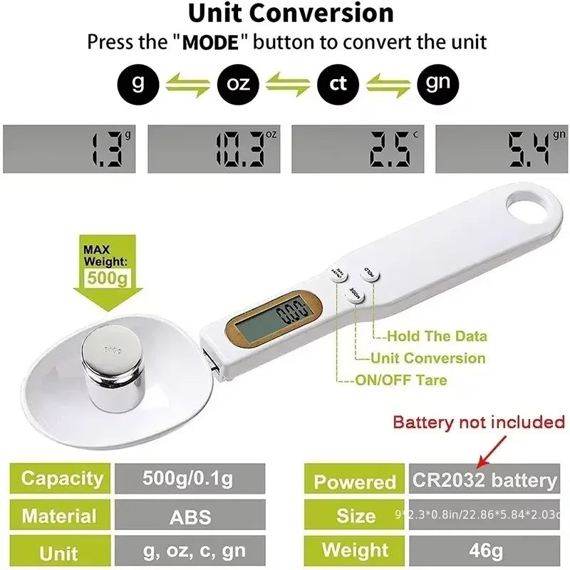 Electronic measuring spoon scale showing 0.1g accuracy for baking and cooking
