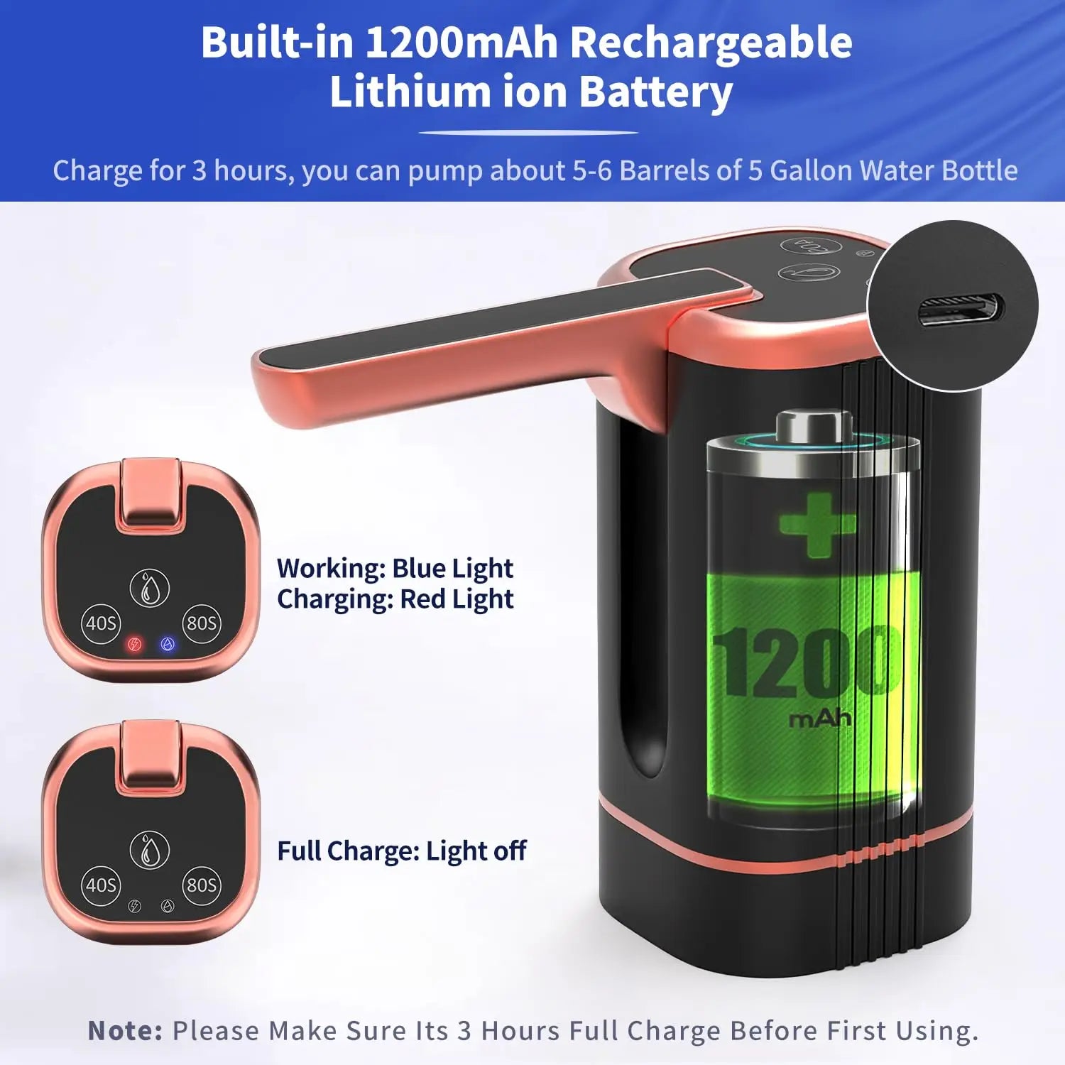 Electric water pump with 1200mAh rechargeable lithium ion battery display on a white background