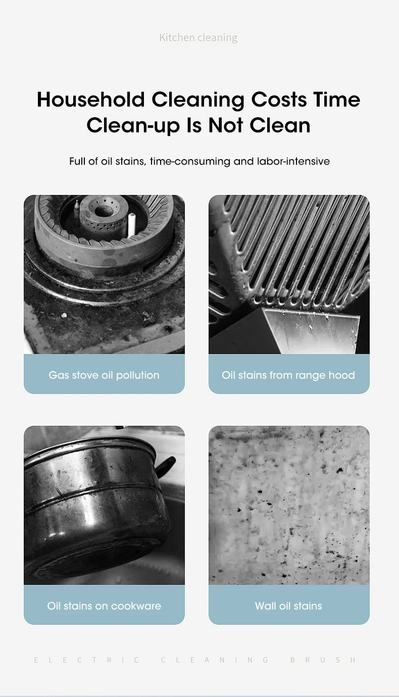 Advertisement for a cleaning product or service with images of oil stains on cookware, range hood, and wall.