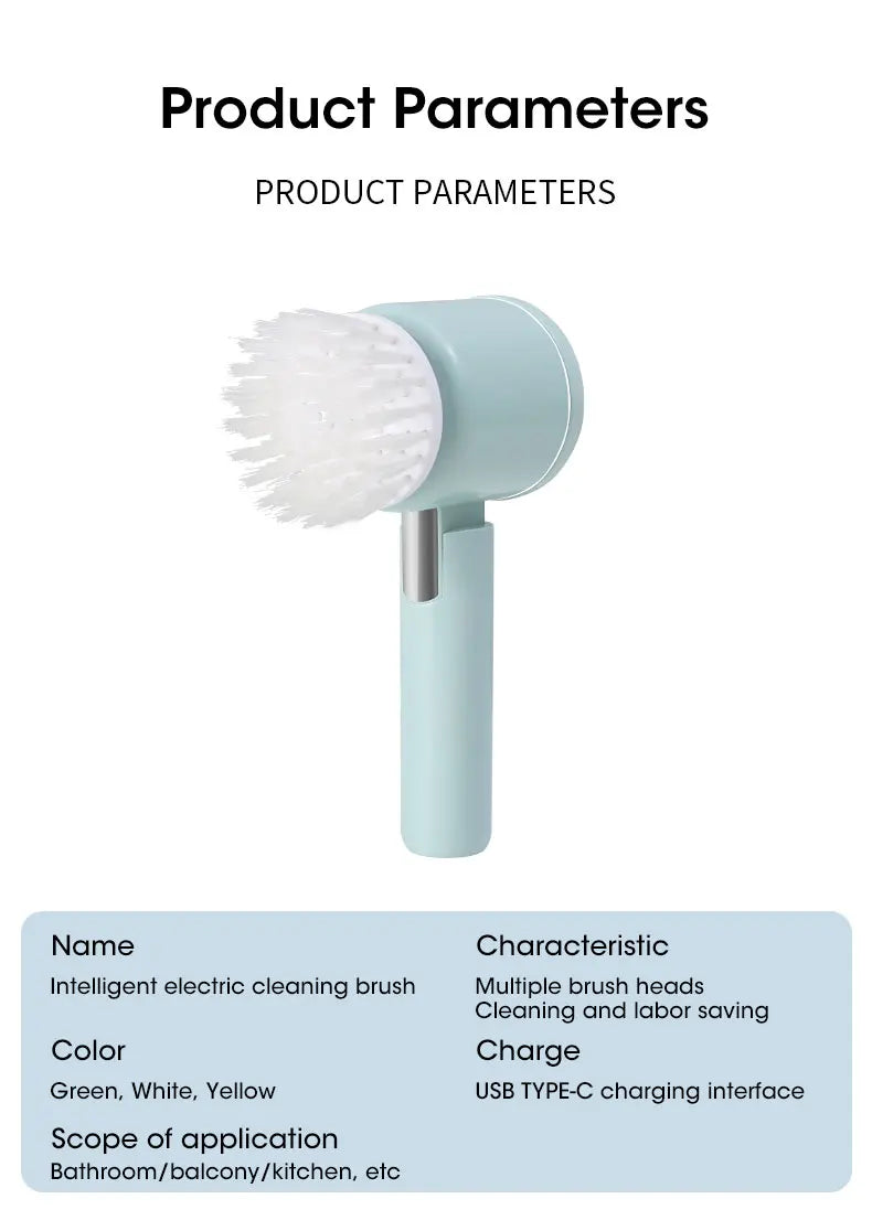 Intelligent electric cleaning brush with product parameters on a white background