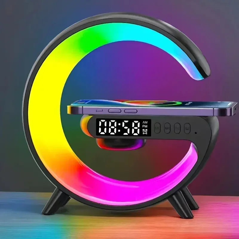 Lumisense 3-in-1 wireless charging station with RGB lighting on modern nightstand