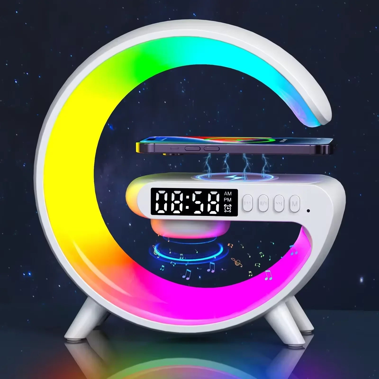 Black wireless charger with glowing RGB ambient light charging smartphone"