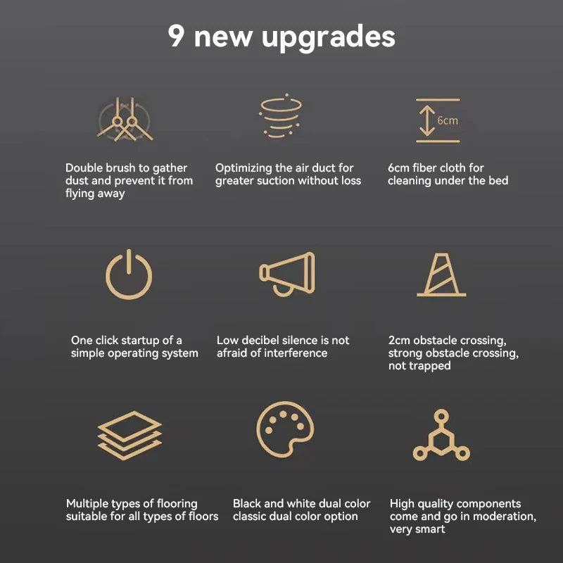List of 9 new upgrades with icons and descriptions on a dark background