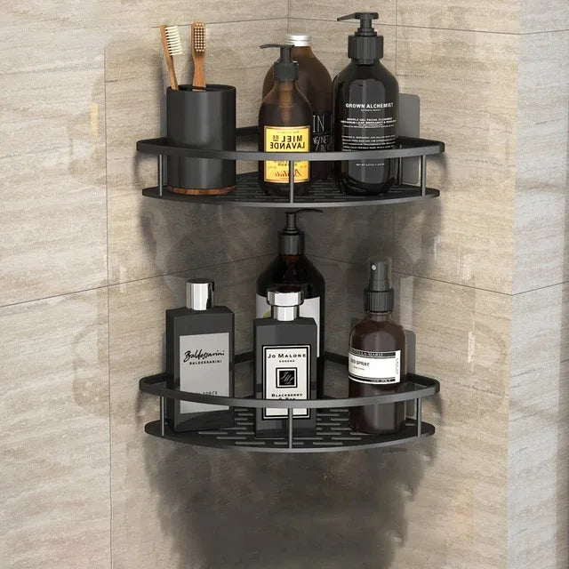 Wall-mounted bathroom shelf in modern shower corner with glass door