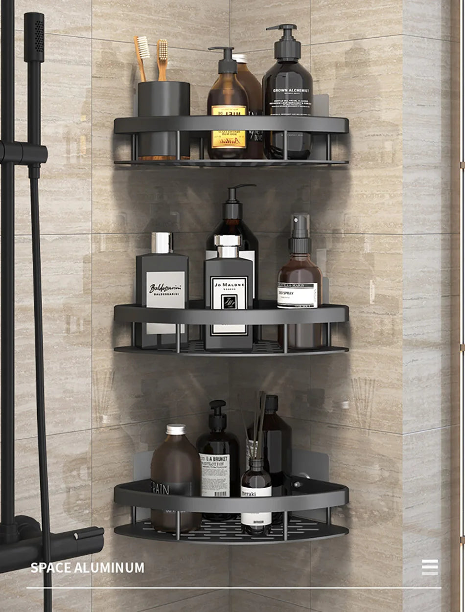 Black bathroom corner shelf with modern minimalist design