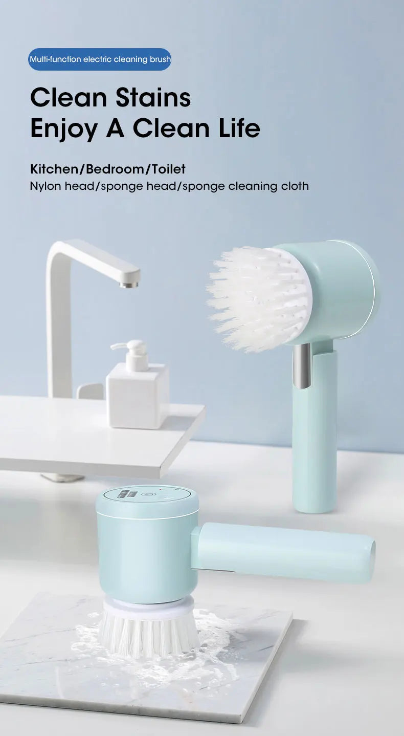Multifunctional cleaning tool with scrubber head, sponge head, and cleaning cloth on a light gray surface.
