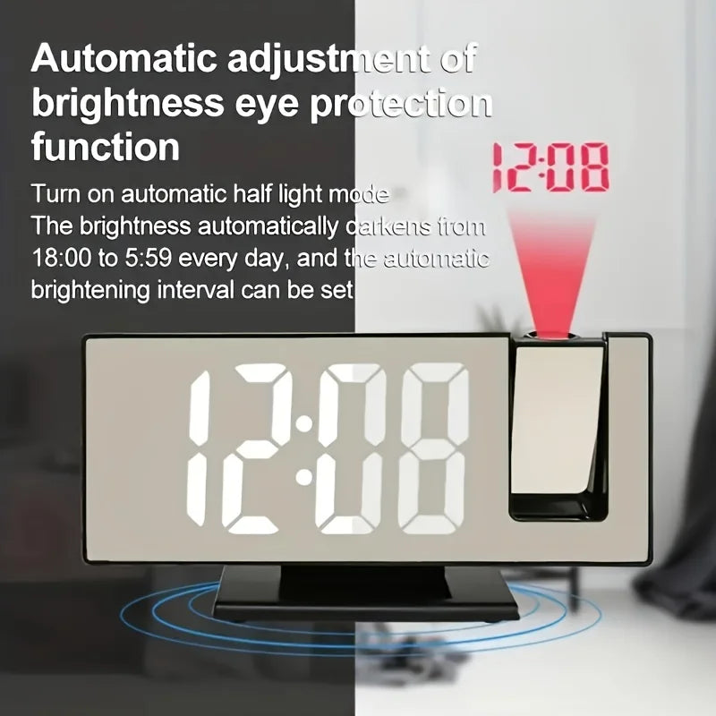 LED projection alarm clock showing multiple display modes and settings
