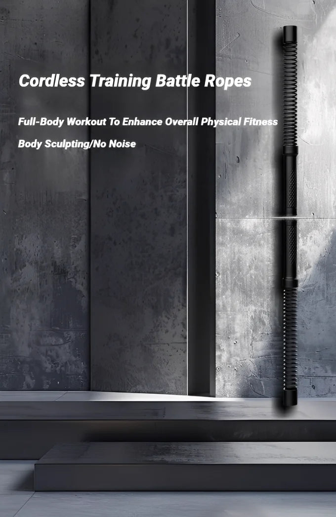 Cordless training battle ropes on a concrete floor with text about full-body workout benefits.