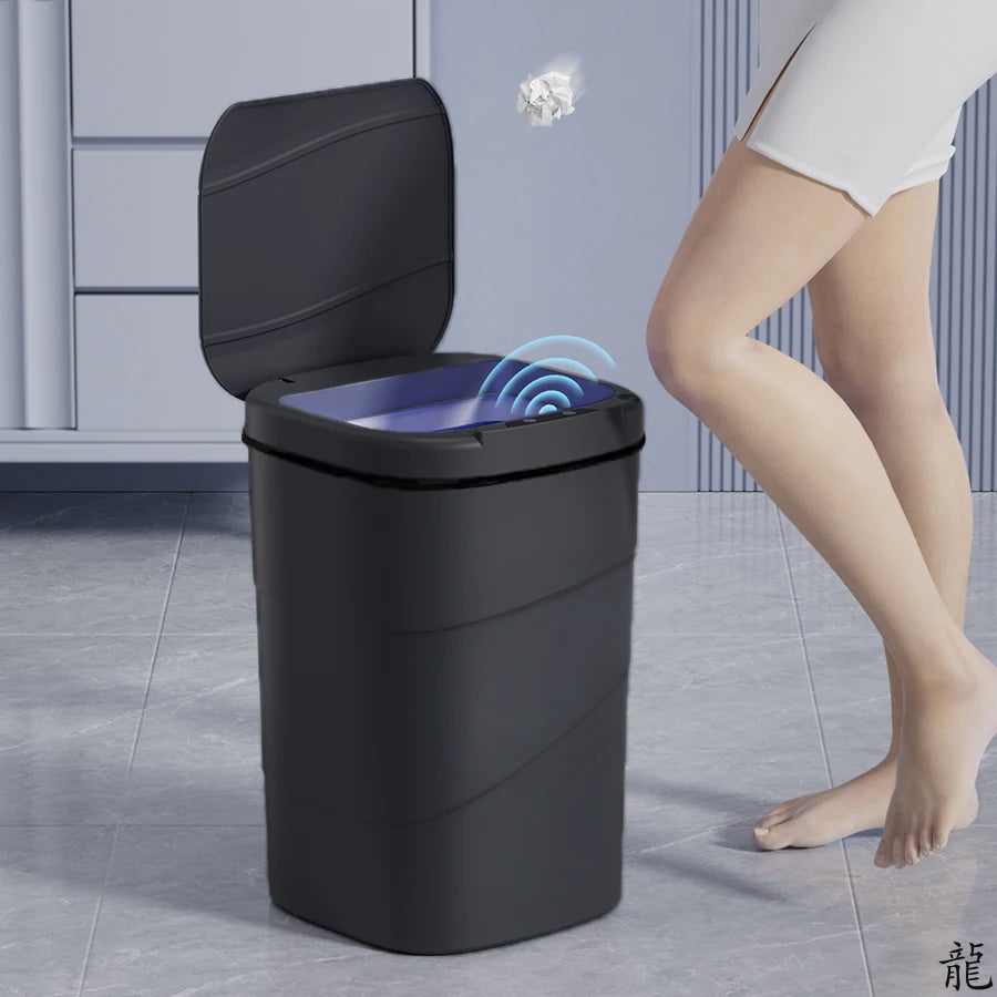Lumisense white smart touchless trash can with motion sensor in modern kitchen