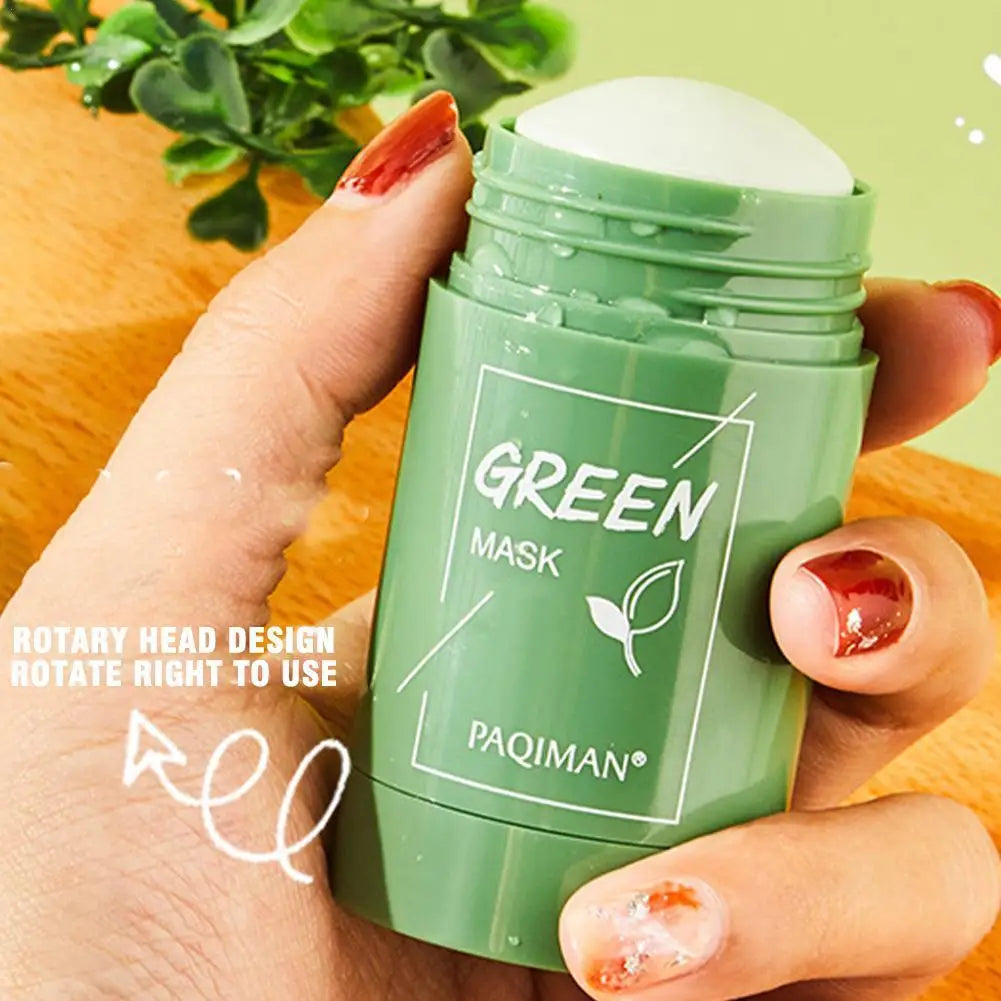 Green tea cleansing mask stick in twist-up packaging for easy application
