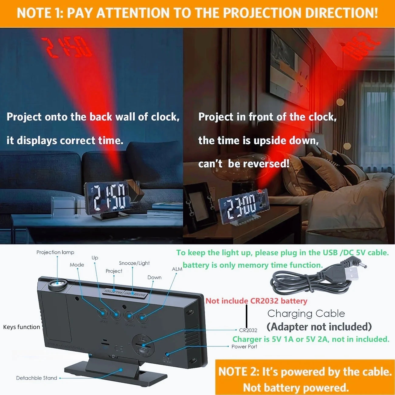 Projection clock showing time projected on wall in dark bedroom
