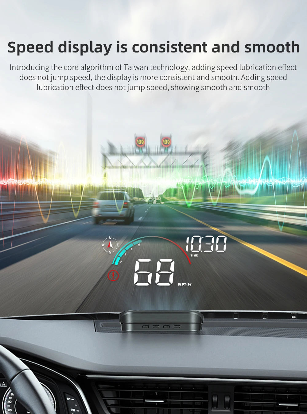 Car HUD showing driving time, trip distance, and speed
