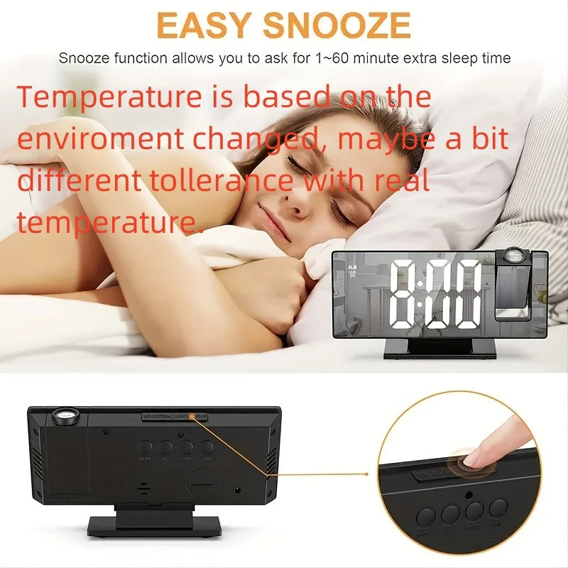 Bedroom alarm clock with ceiling projection and temperature display
