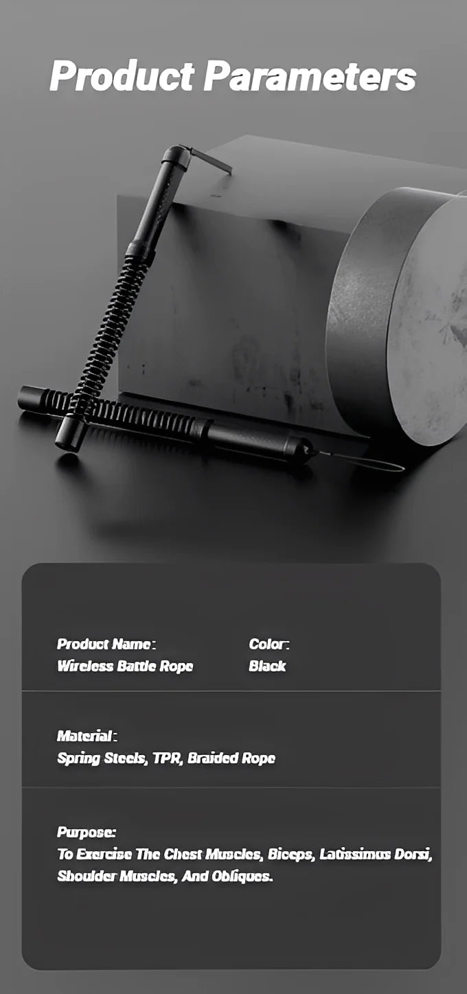 Cordless battle rope product specifications chart showing materials and dimensions
