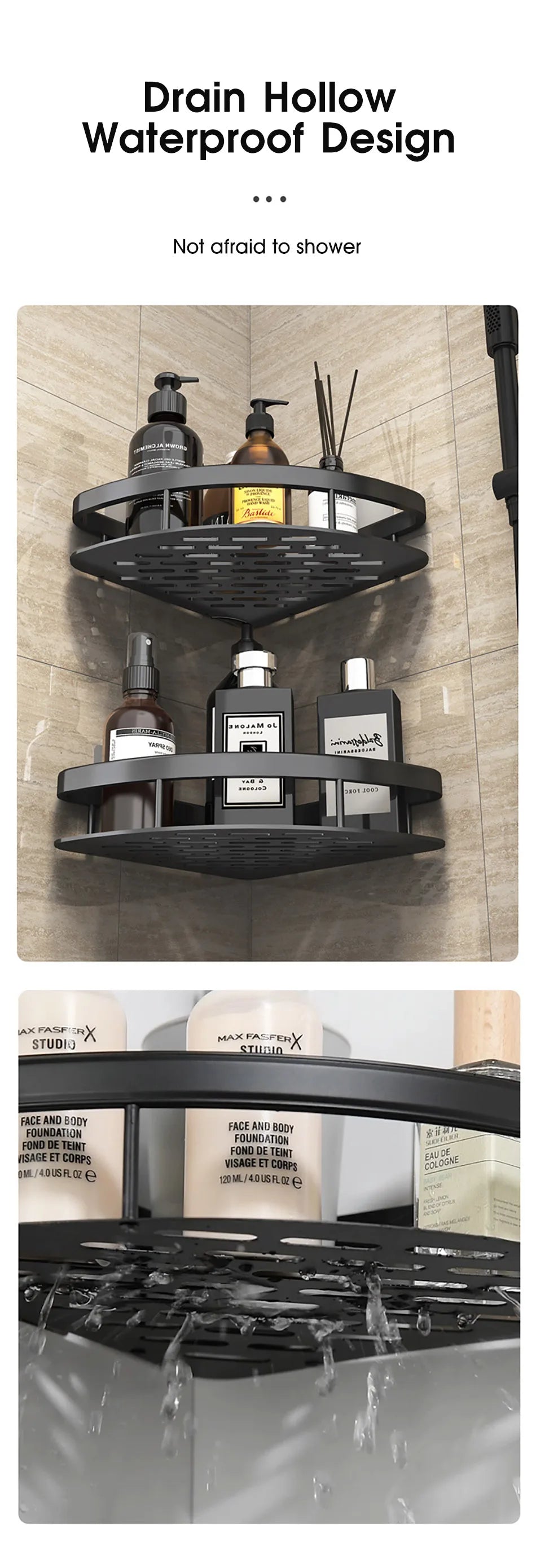 High load-bearing bathroom corner shelf supporting heavy bottles securely