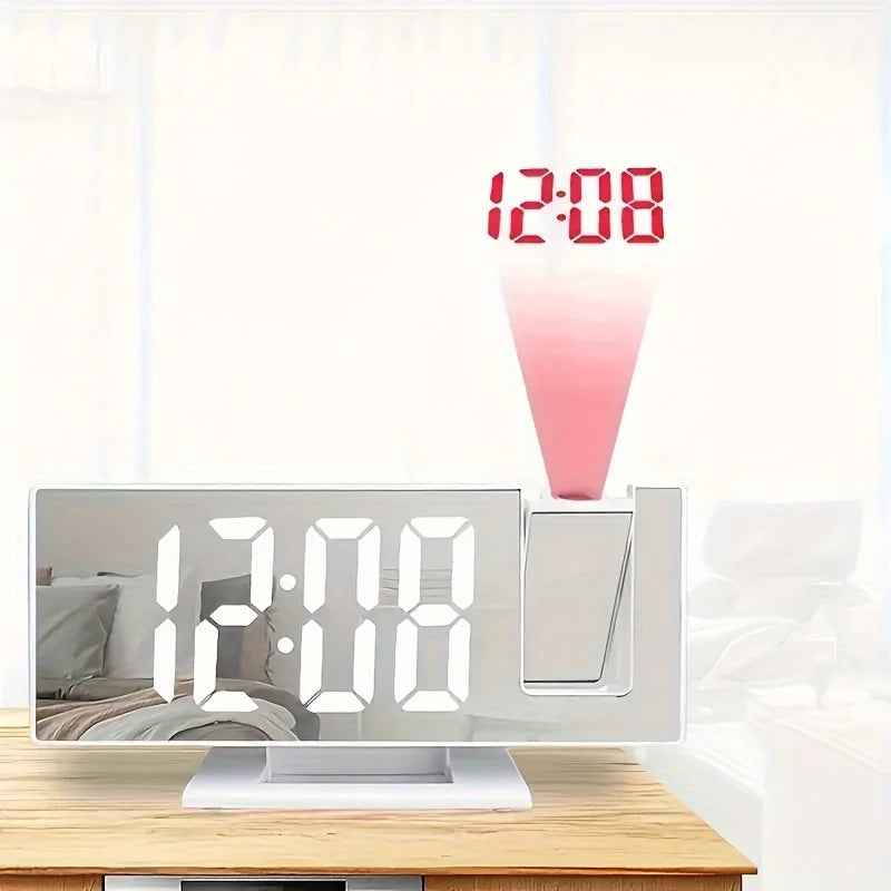 Projection alarm clock features and specifications infographic
