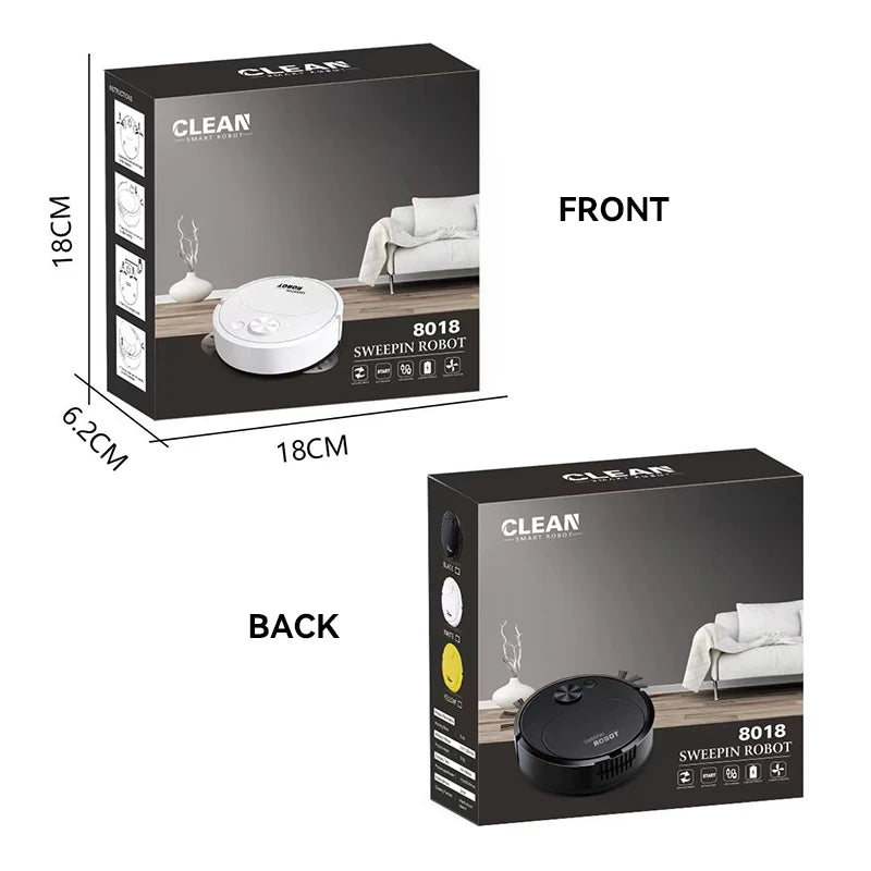 Package design of a sweepin robot with front and back views, dimensions indicated.