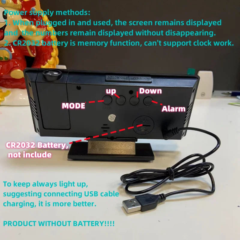 Lumisense digital clock with USB cable and adjustable brightness settings
