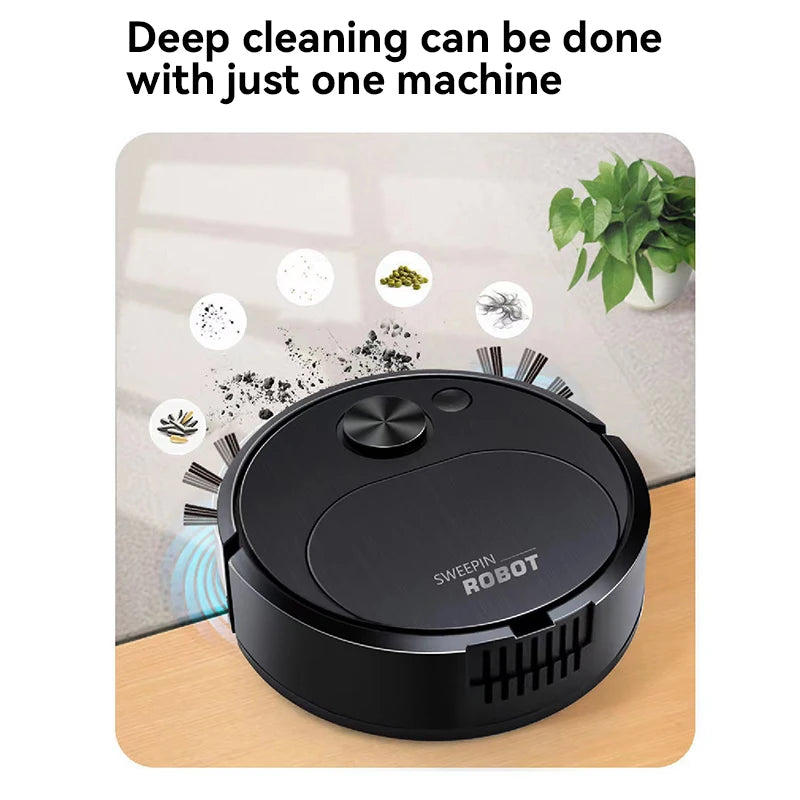 Black robot vacuum cleaner on a wooden floor with text about deep cleaning.