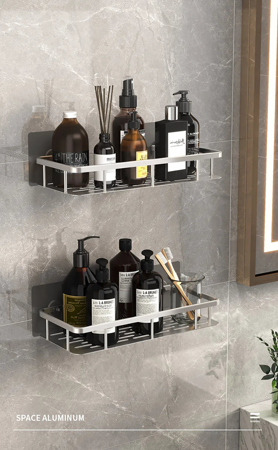 Completed bathroom corner shelf installation with products organized