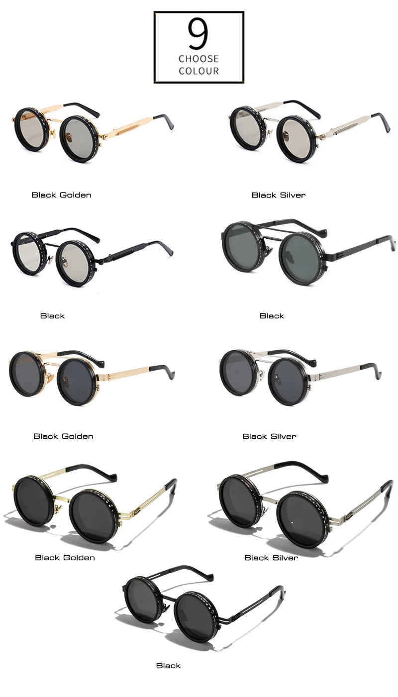 Circular lens design on adjustable dimming sunglasses providing comprehensive eye coverage
