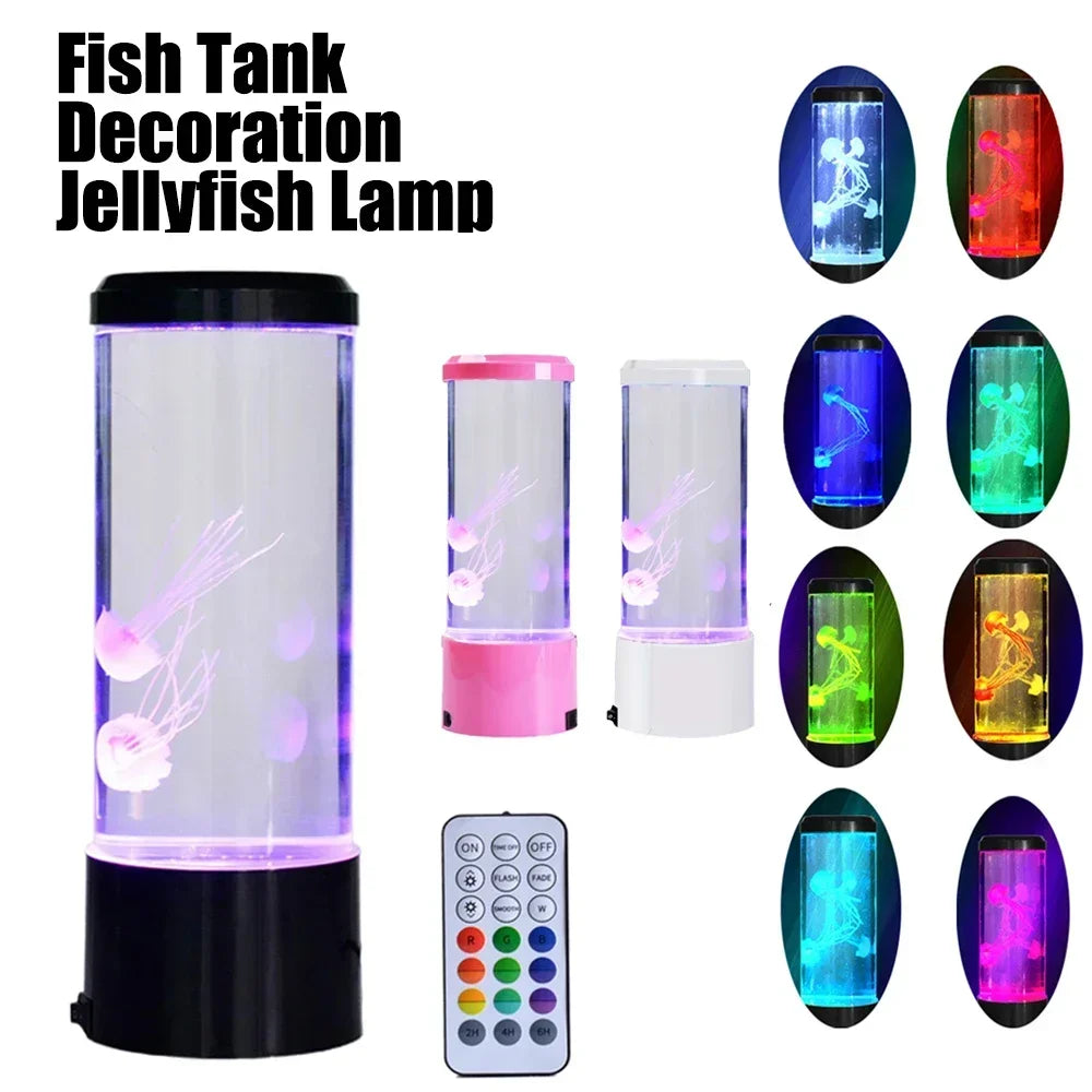 Jellyfish night light with remote control showing 8 color options