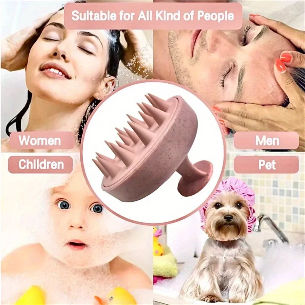 Product for scalp massage with images of people and a dog using it.