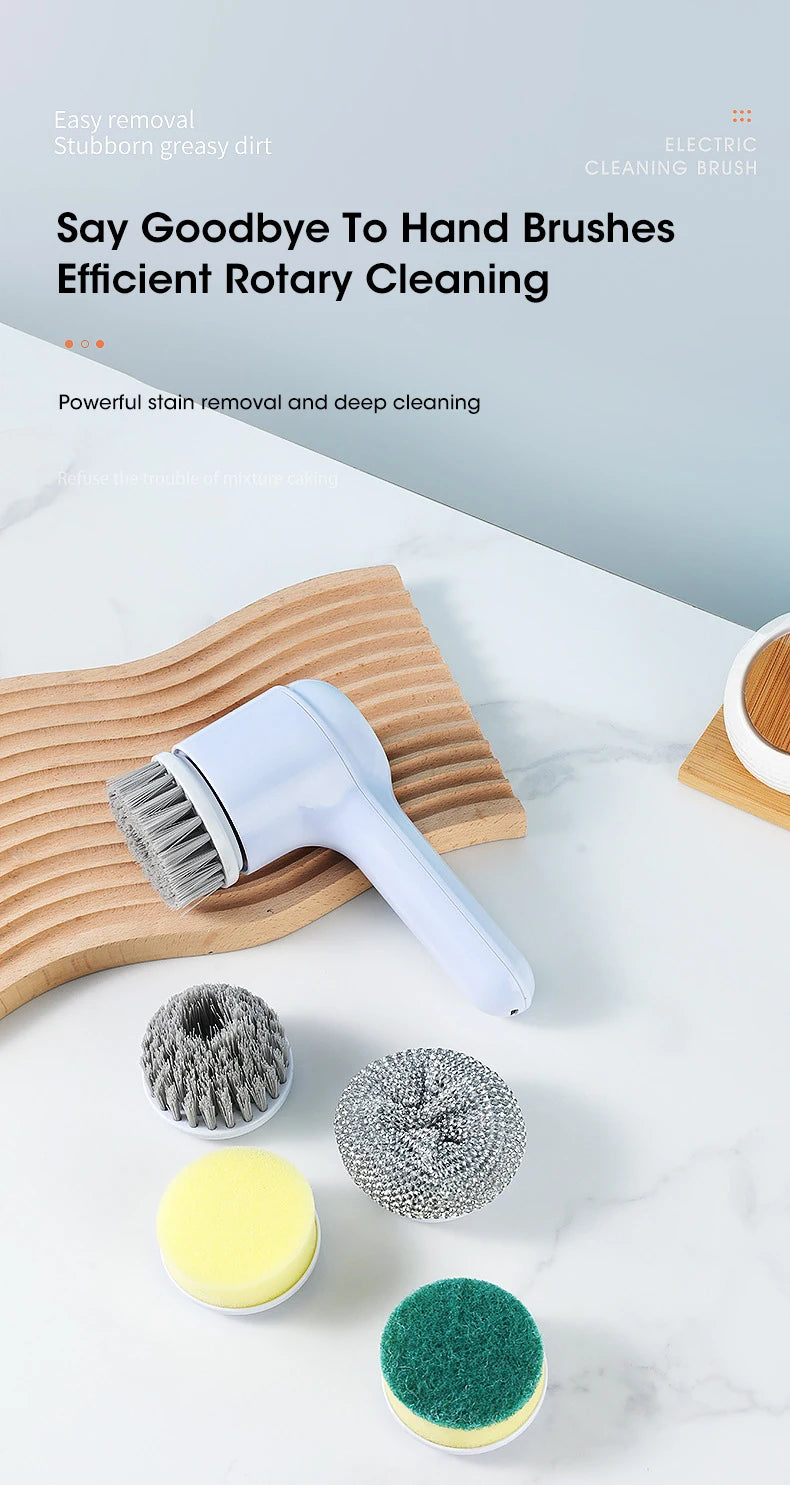 Cleaning tools including a scrubber, brush, and sponges on a white surface with text about efficient rotary cleaning.
